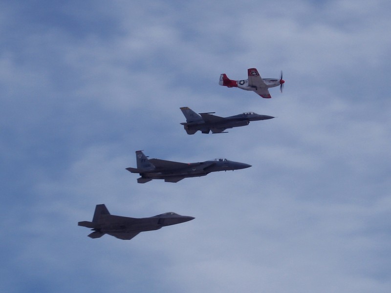 IMG_0047a Cool Heritage Flight.  P-51, F-15, F-16 & F-22